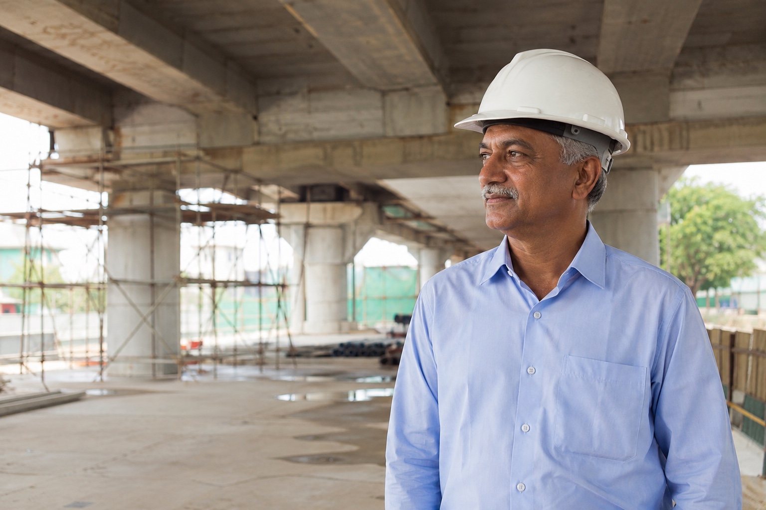 Indian architect in a light blue shirt and hard hat at a shaded site