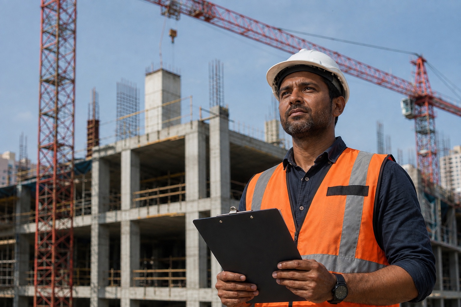 Indian site engineer overseeing an urban construction site