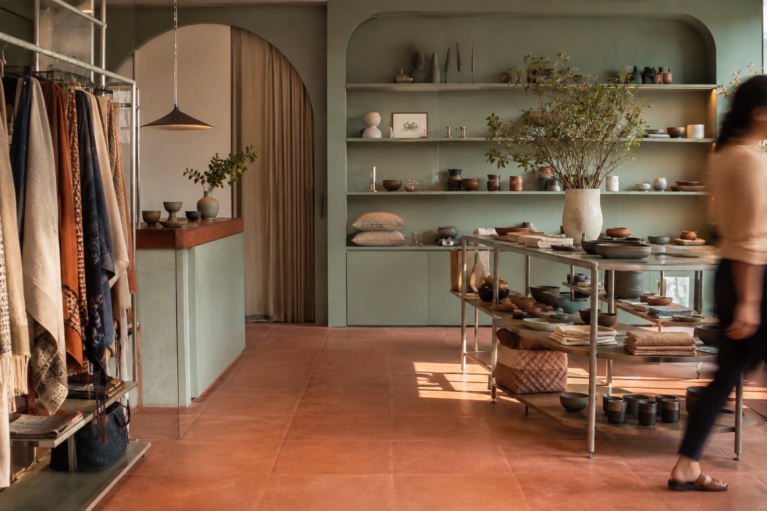 Indian retail studio with sage joinery, terracotta flooring and display shelves