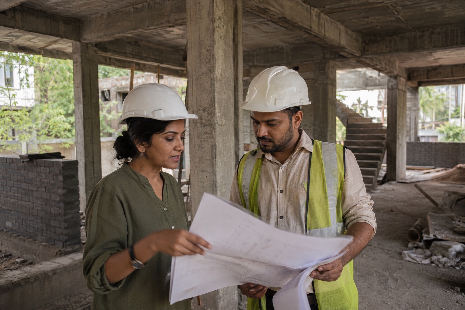 Indian architect and site engineer discussing drawings at an unfinished home