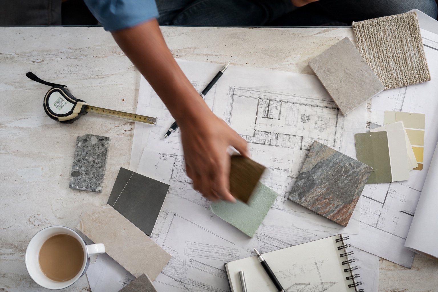Architectural plans, material samples and measuring tools on an Indian architect’s desk
