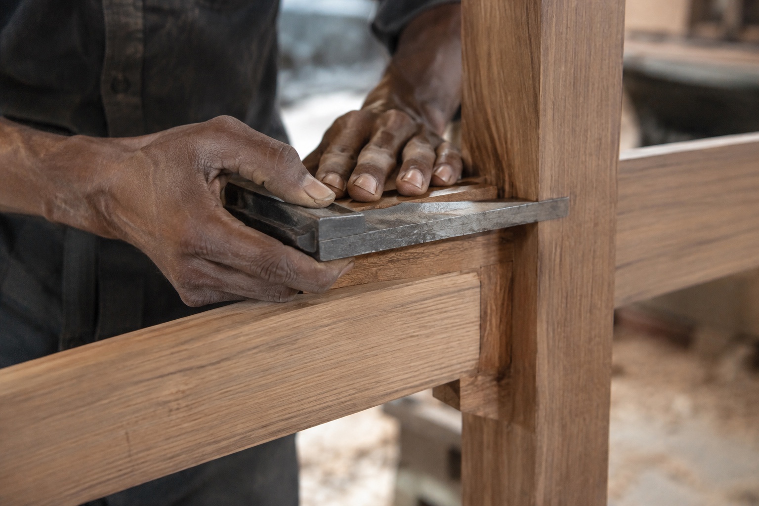 Carpenter checking the alignment of teak joinery with a metal square