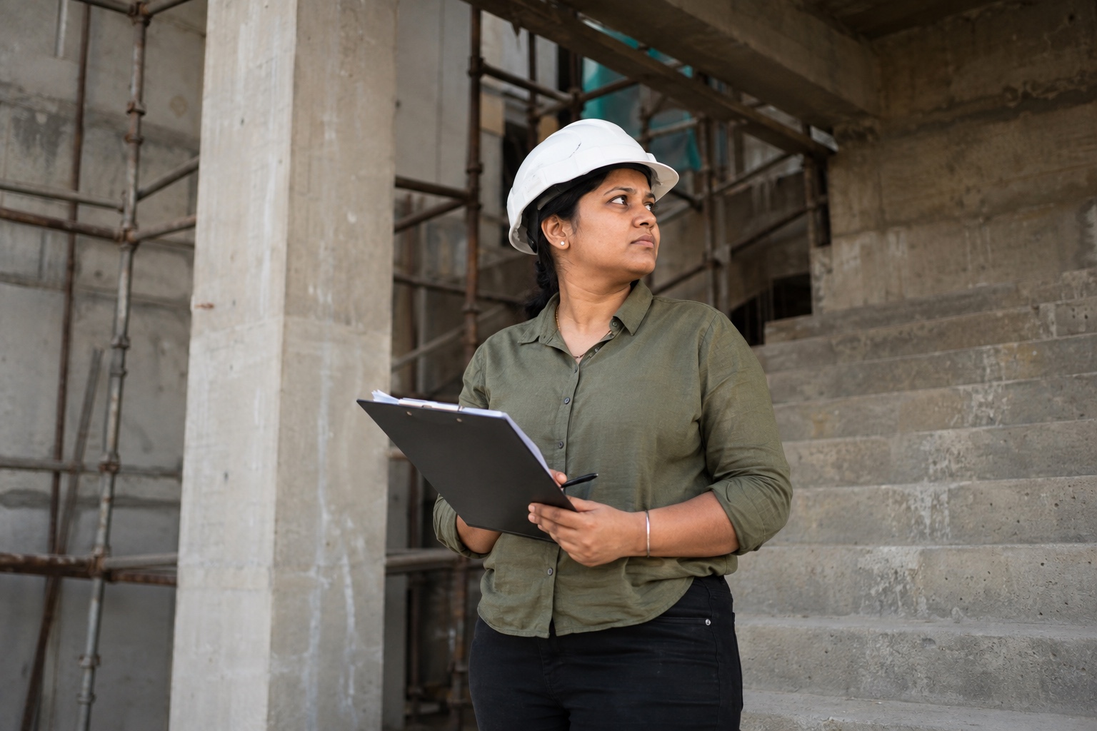 Indian quality engineer inspecting an unfinished concrete staircase