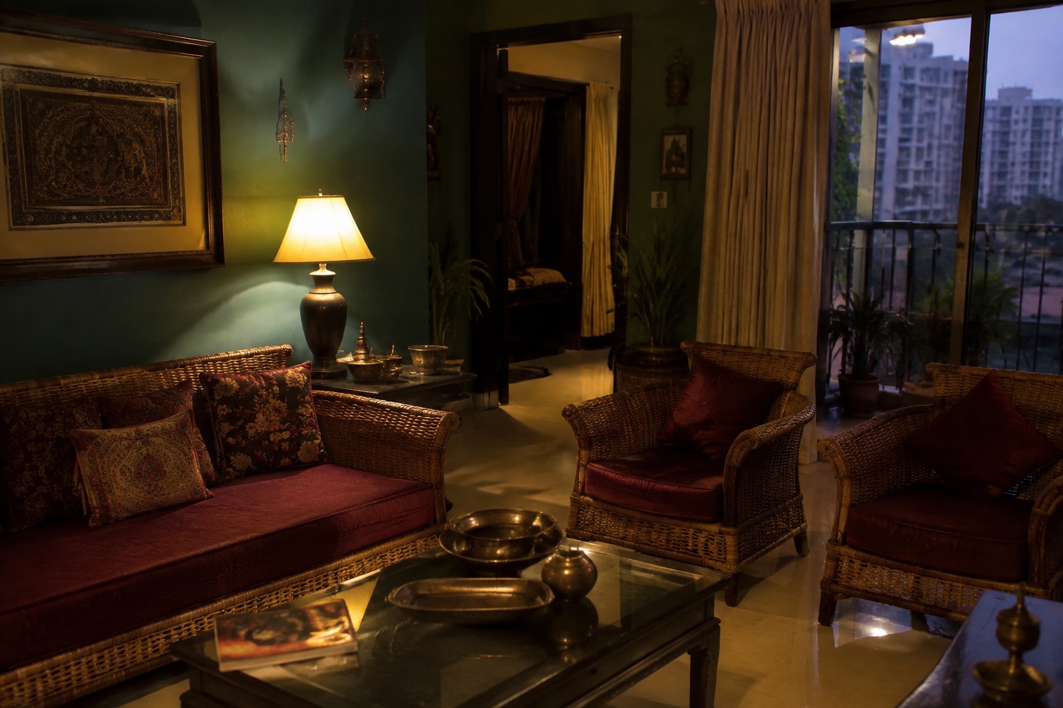 Indian family living room with burgundy cushions, rattan and warm evening light